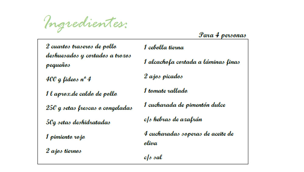 Ingredientes fideuá de pollo